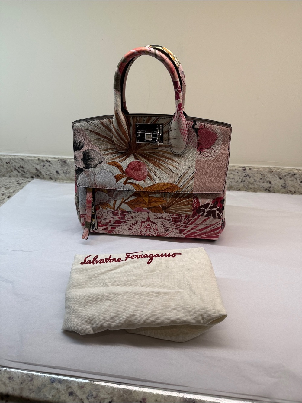 Salvatore Ferragamo Floral Print Leather Satchel in Pink and Cream